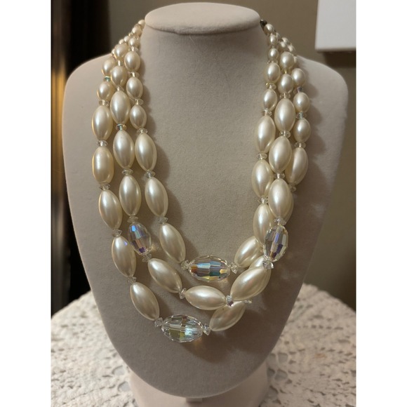 Jewelry - Triple Strand Faux Pearl Rice Bead Necklace AB Crystal Iridescent Cream vintage